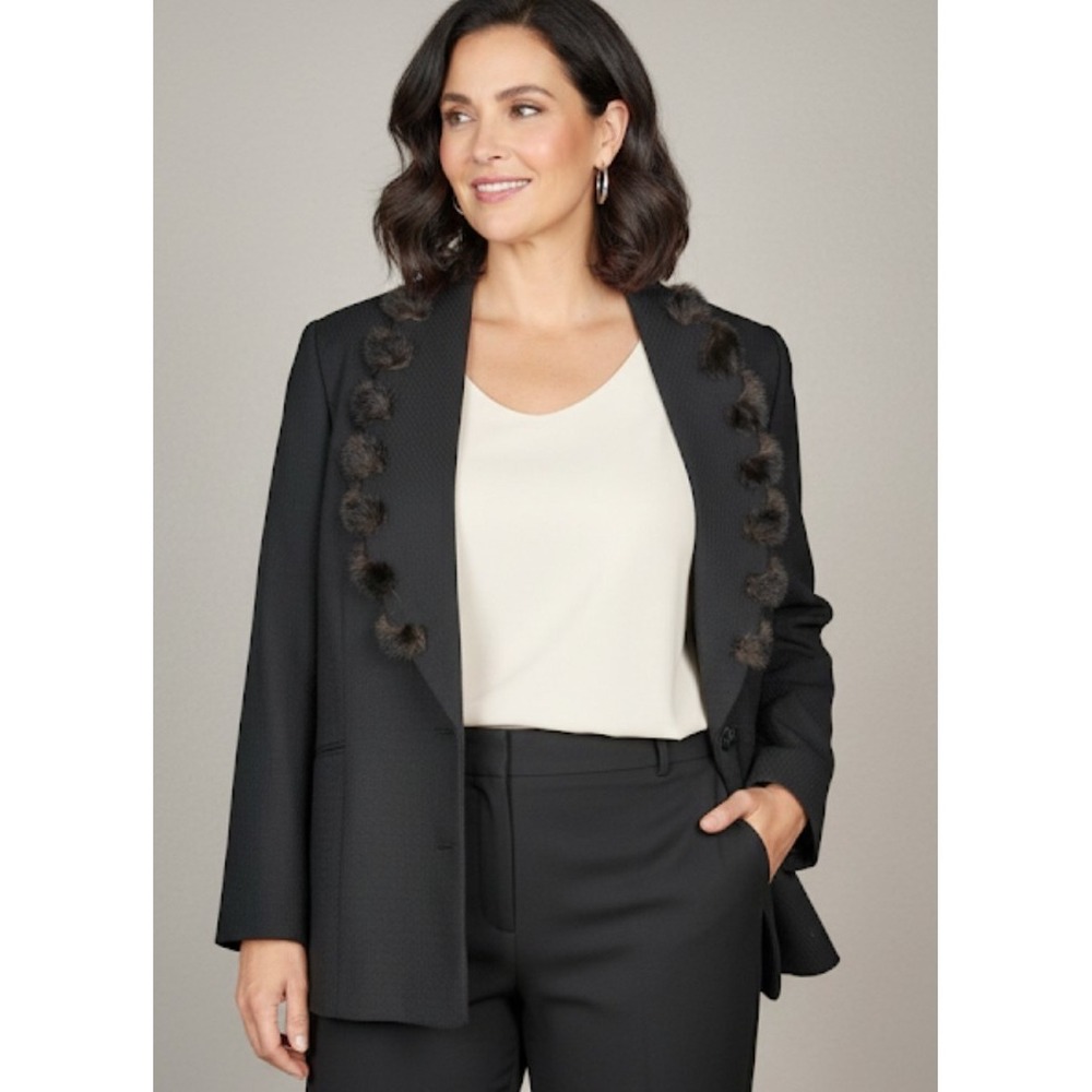 Lily & Taylor Jacket Womens 20 Black Wool Mink Fur Trim Dressy Blazer‎ Made USA